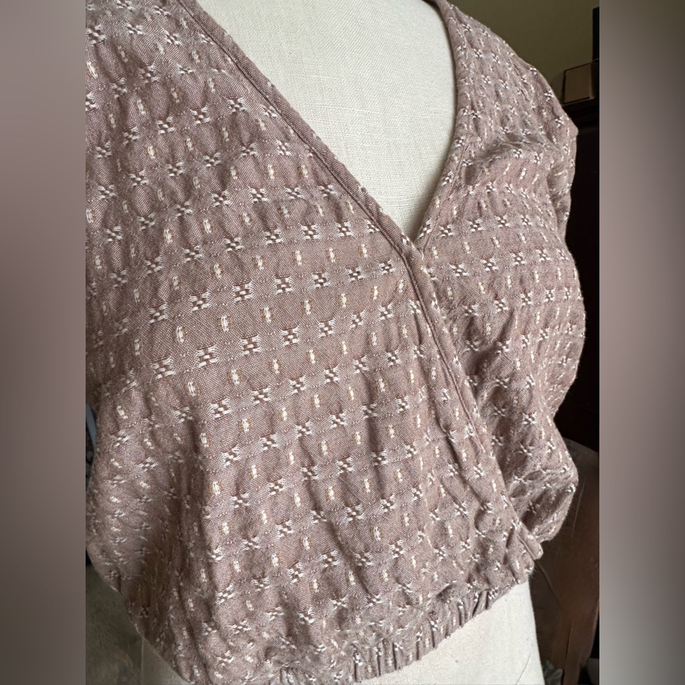 Madewell  Jacquard Puff Sleeve Faux-Wrap Cropped Cotton Embroidered Top Sz XS - Picture 5 of 10